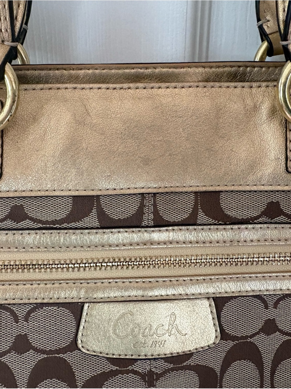 Coach Brown Signature Tote with Gold Trim - Picture 3 of 6